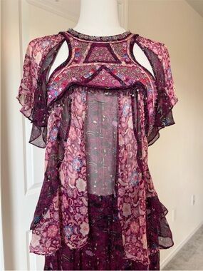 Embroidered Sheer Floral Ruffled Boho Top — Plum & Pink